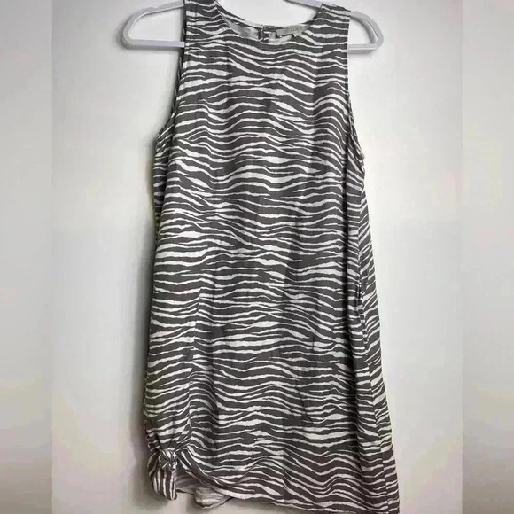 LOFT Zebra Brown White Sleeveless Pocket Linen Keyhole Shift Dress Women’s 6 - Picture 2 of 8